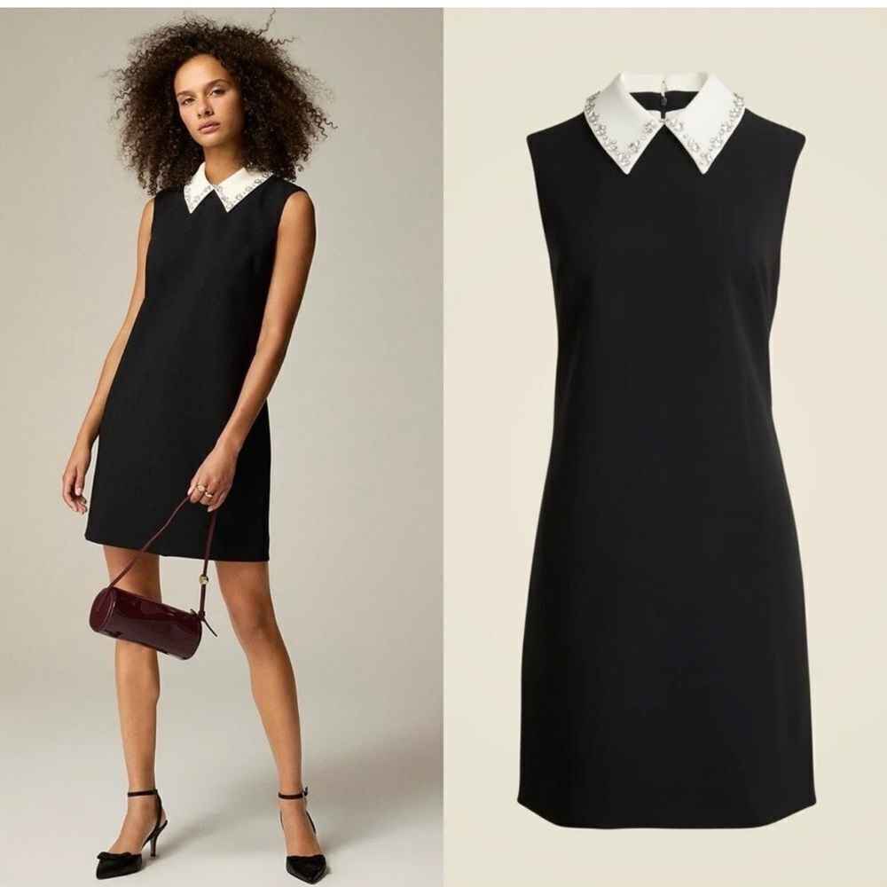 NWT J CREW Embellished collared shift dress in black stretch crepe size 6